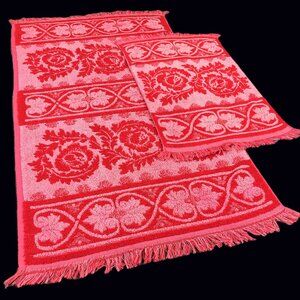 Vintage 70s CALDWELL Canada Red Hearts Pink Roses Cotton Bath Hand Towel Set